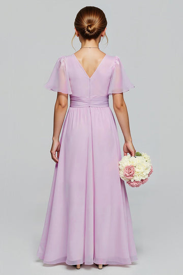 Violet en mousseline de soie col en V trapèze longue robe de demoiselle d’honneur junior à manches courtes